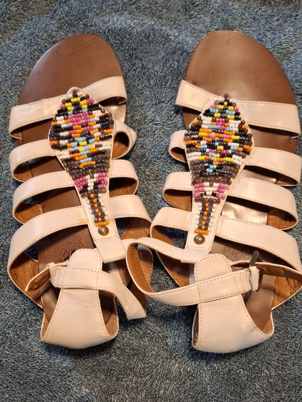 Nine West Beaded Cream T-Strap Strappy Sandals